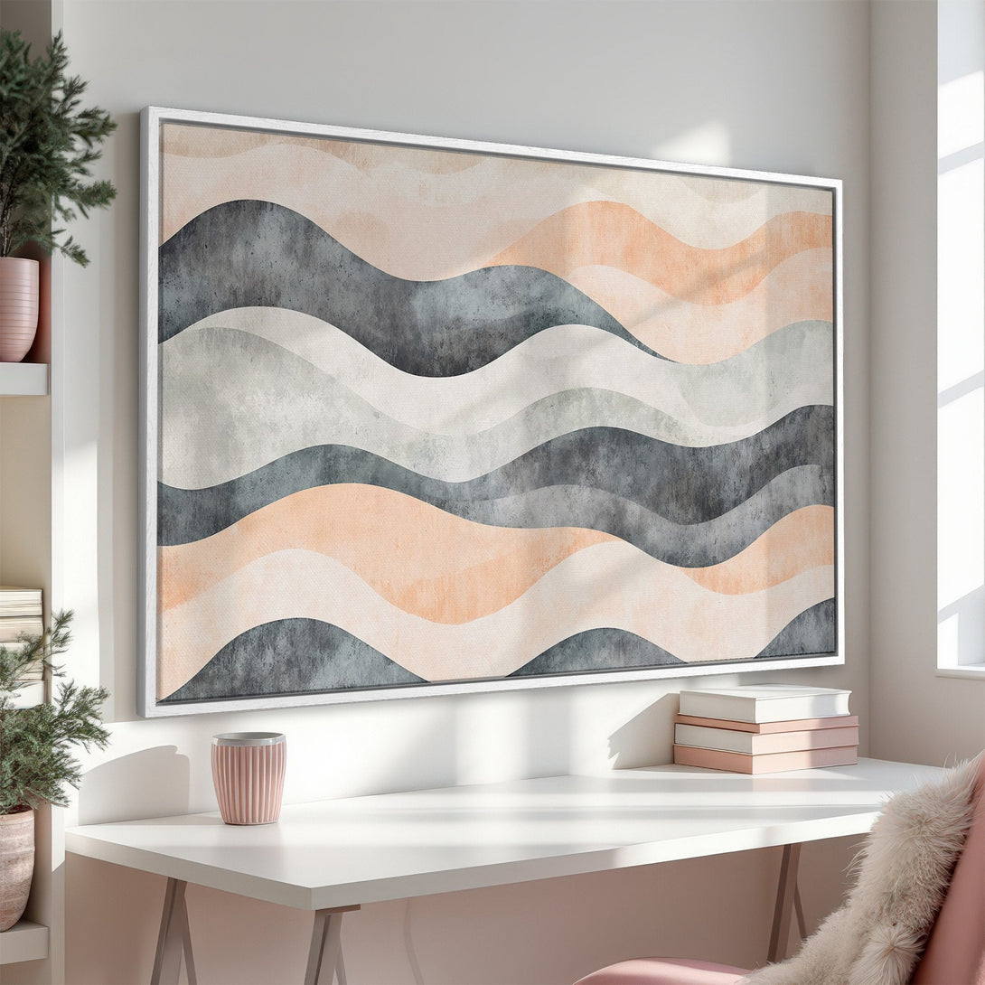 Framed Wall Art featuring an abstract wave design in a neutral color palette. Perfect for adding a touch of modern elegance to any space.