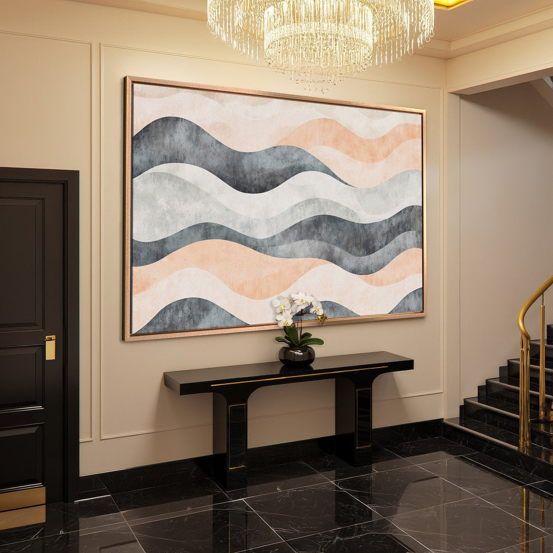 Framed Wall Art featuring abstract wave design in muted peach, gray, and white tones. Modern canvas print for elegant home decor.