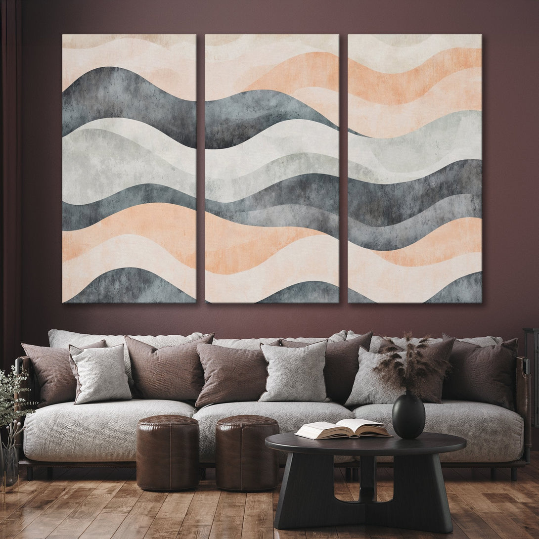 Abstract Canvas Print art in neutral tones. Modern wall decor with wave design in gray, peach, and white. Enhance your living room!