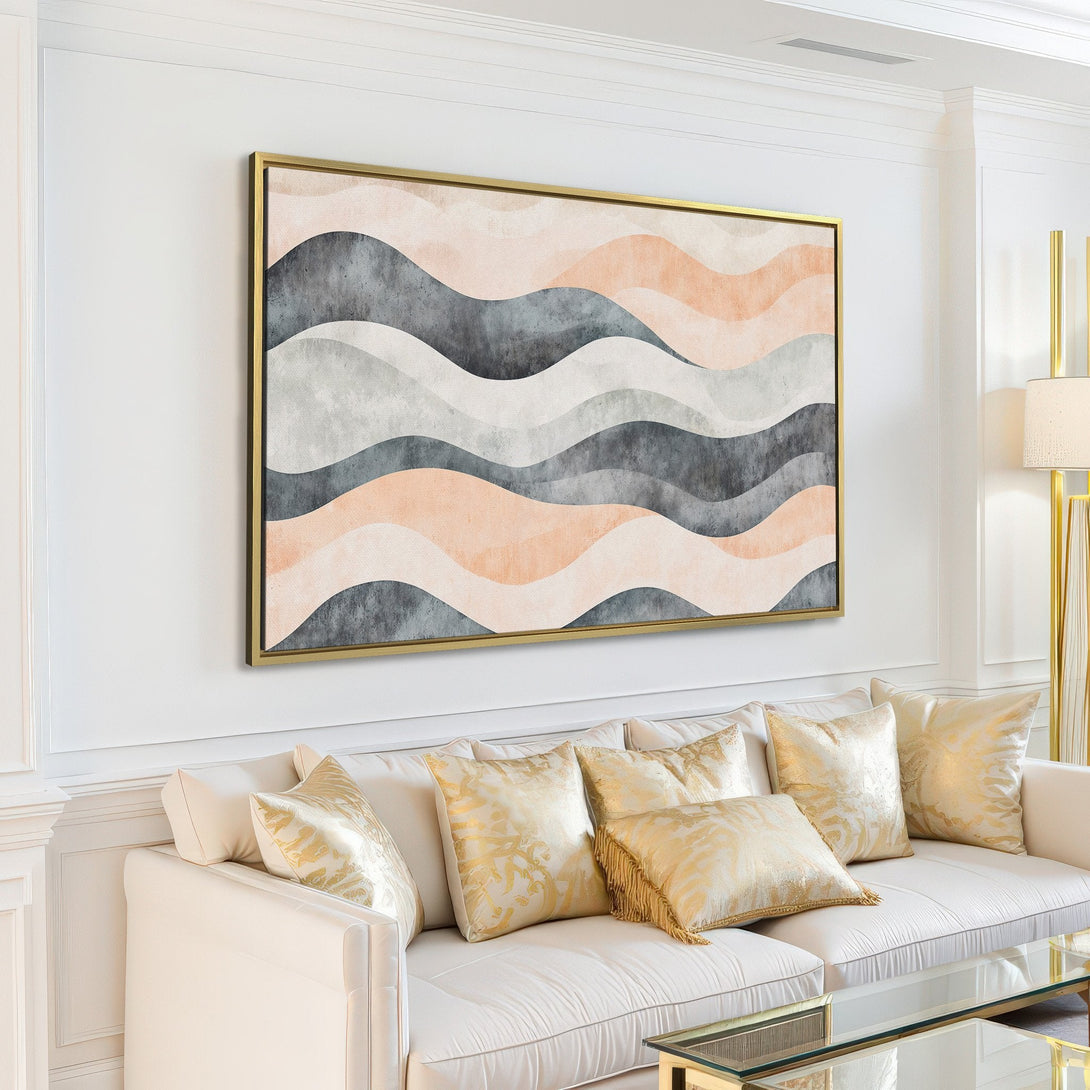 Abstract Canvas Print in neutral tones, perfect for modern living room decor. Features a wave design with gray, beige, and white hues.