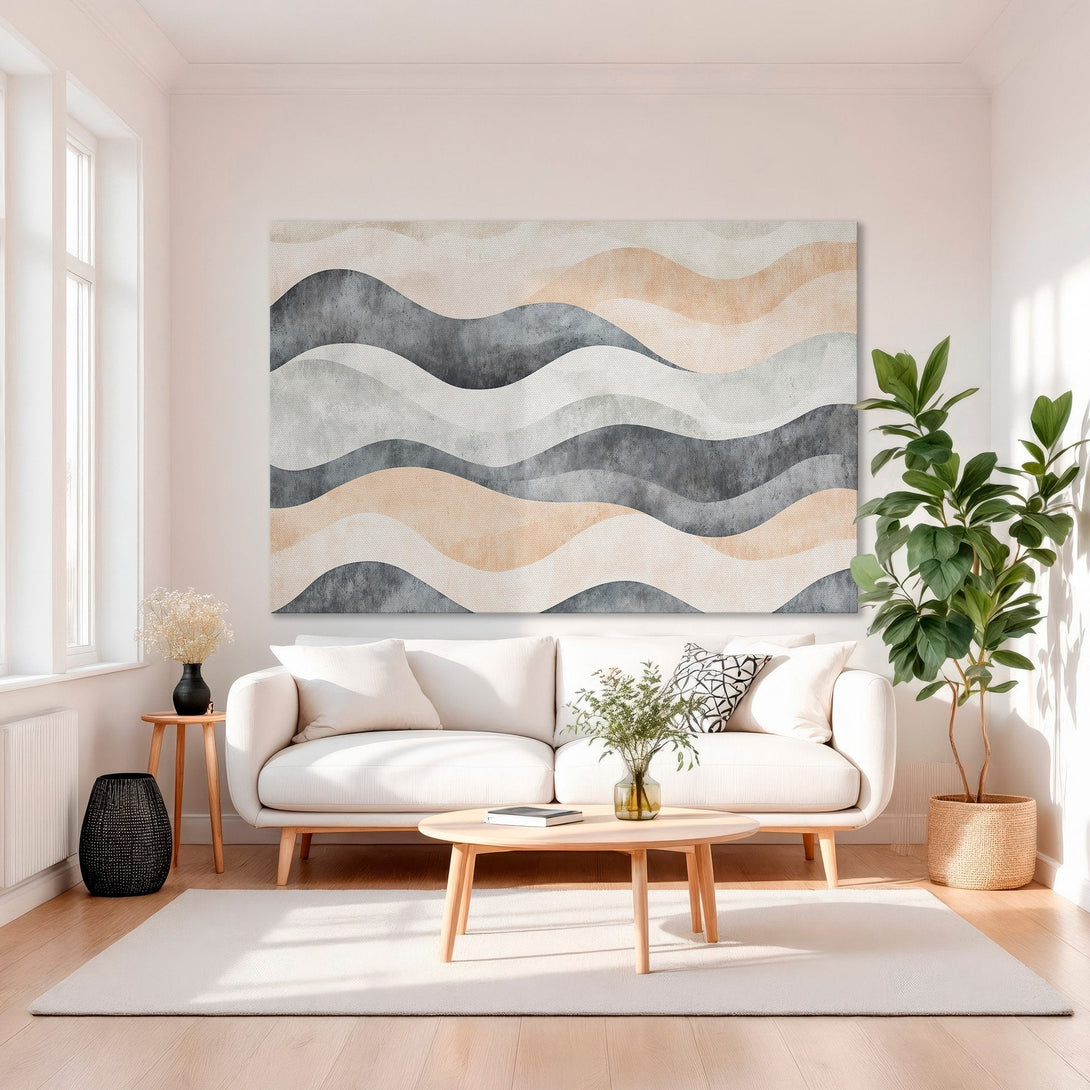 Framed Wall Art featuring abstract wave design in neutral tones. Modern art for living room decor. Soft peach, gray, and white color palette.
