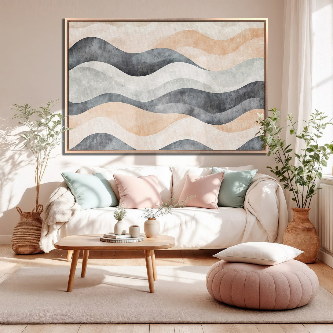 Framed Wall Art featuring abstract wave design in neutral tones. Perfect for modern living rooms. Earthy color palette complements any decor.