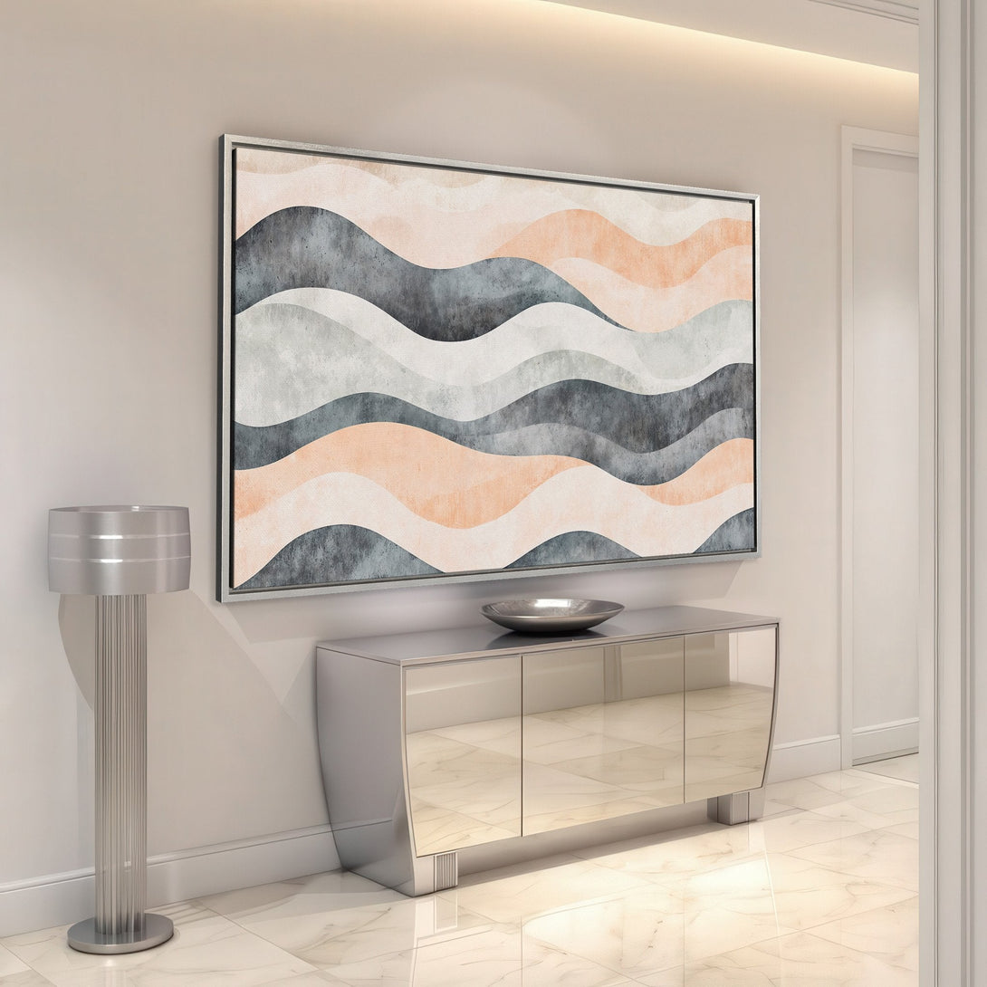 Framed Wall Art featuring abstract waves in a neutral color palette of gray, peach, and white. Modern art for home decor.