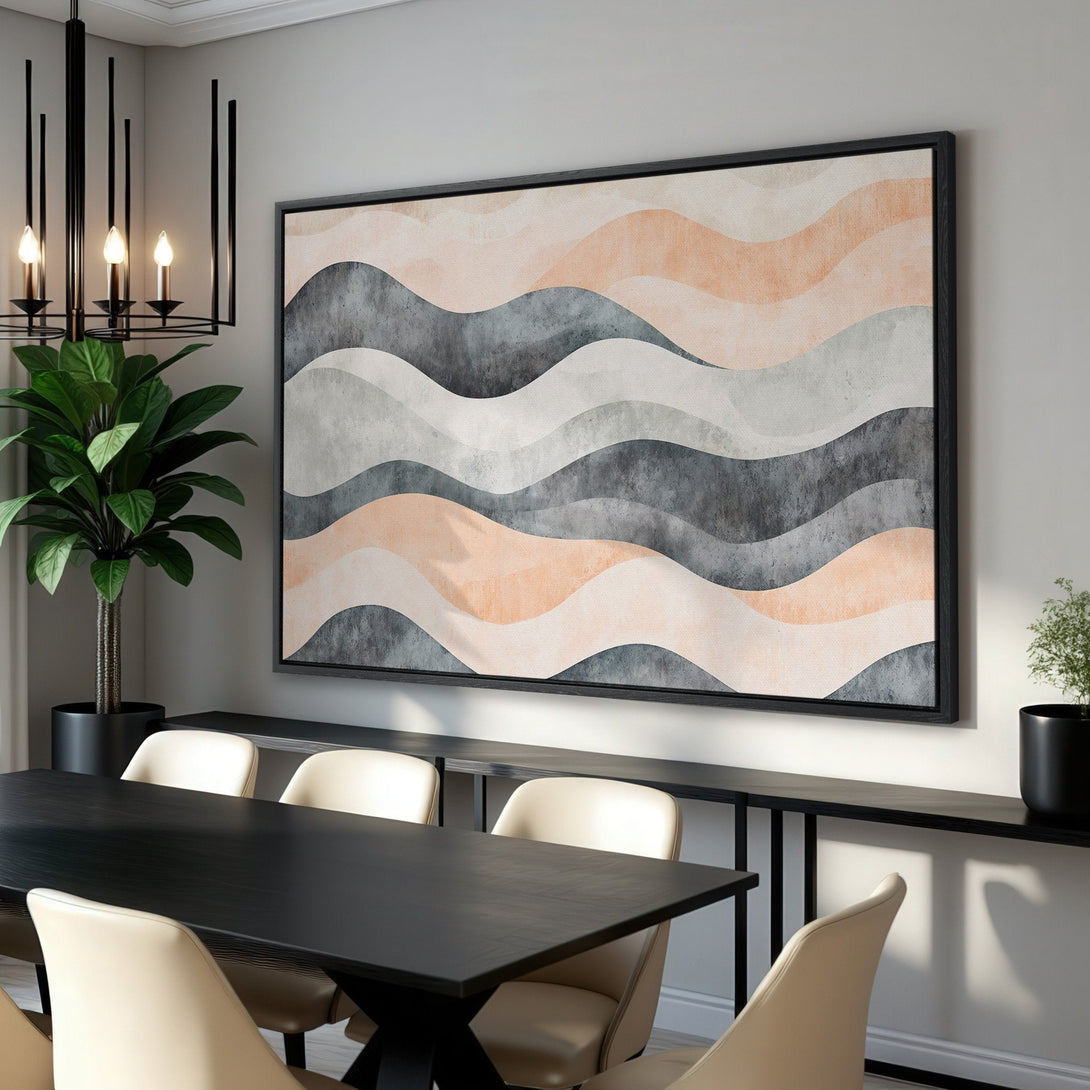Framed Wall Art featuring an abstract wave design in neutral tones of gray, peach, and white. Modern art for your home decor.