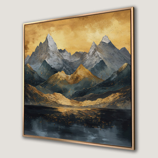Framed Wall Art: Majestic mountain landscape painting in gold, gray, and teal. Add a touch of nature's beauty to your home with this stunning canvas print.