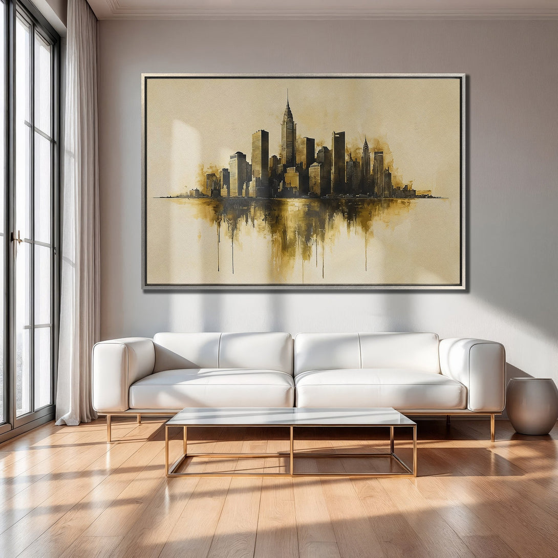 Framed Wall Art: Abstract NYC skyline in sepia tones. Modern Canvas Print adds elegance to any interior. Neutral color palette, perfect for living room decor.