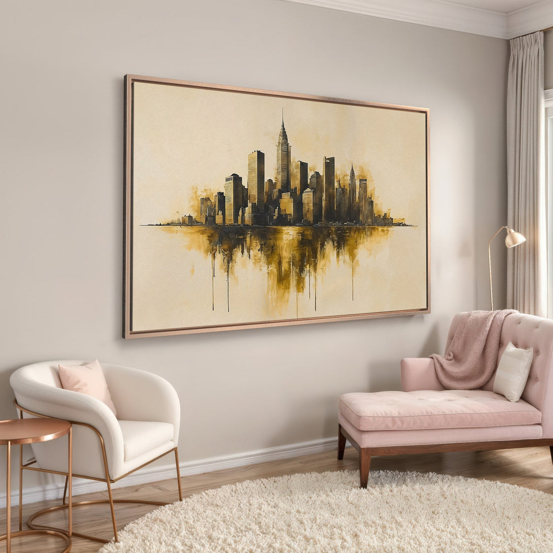 Framed Wall Art: NYC skyline painting in gold and black. Modern, abstract style. Neutral color palette complements interior design.