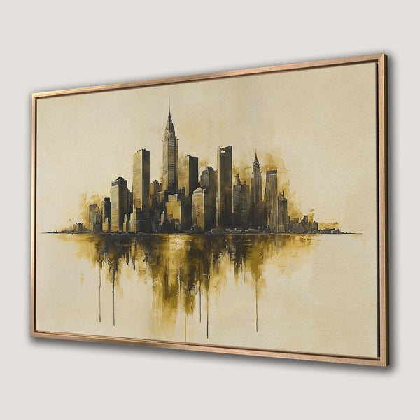 Framed Wall Art of NYC skyline in sepia tones. Abstract cityscape Canvas Print with a warm, neutral color palette for modern decor.