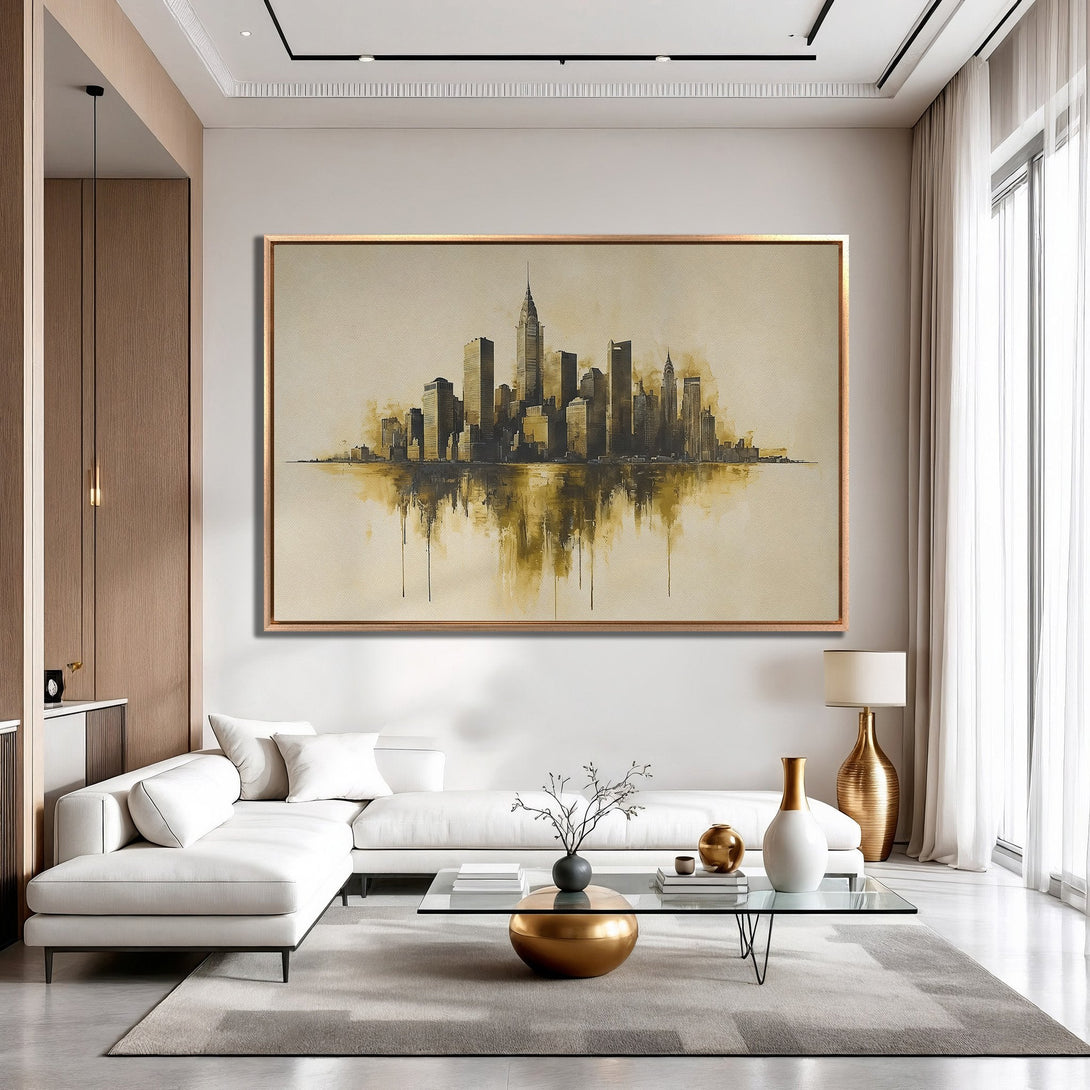 Framed Wall Art: Abstract cityscape Canvas Print in neutral tones. Modern art for living room decor, featuring gold and beige color palette.