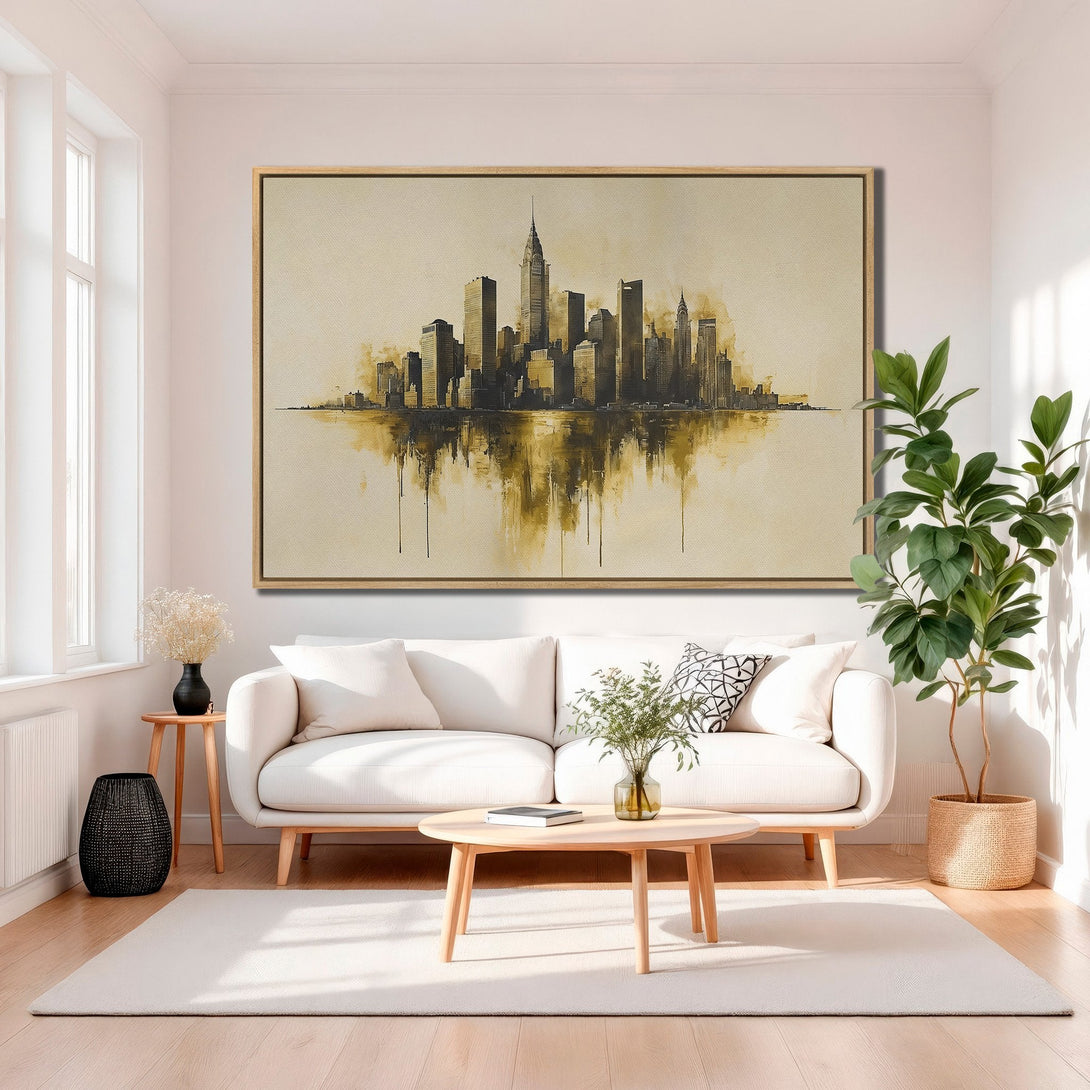 Framed Wall Art featuring a watercolor-style cityscape in sepia tones. Enhance your living room with this elegant Canvas Print of New York City.