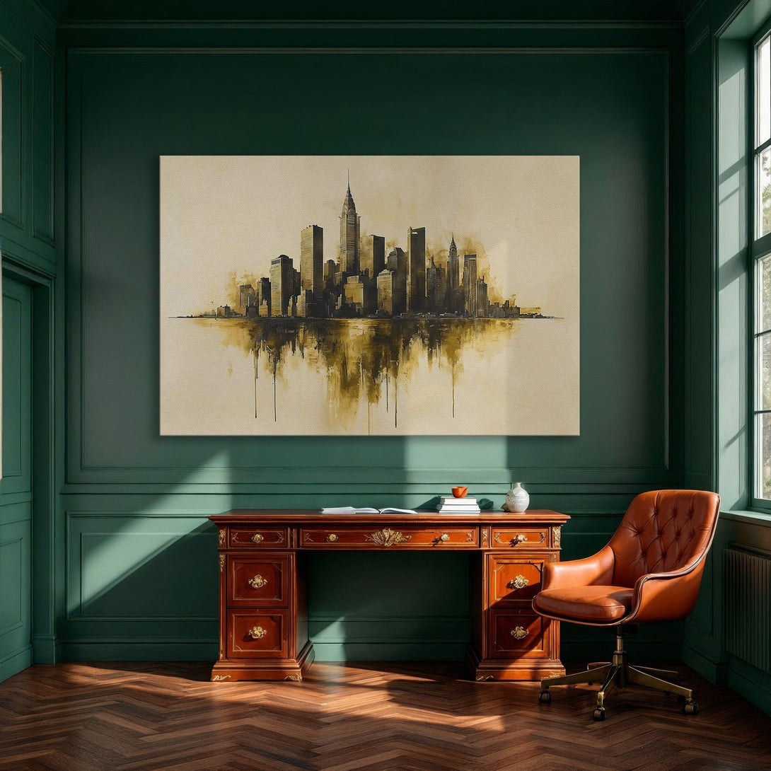 Framed Wall Art: Abstract NYC skyline in warm gold tones, perfect for modern dining room decor. Enhance your space with this stunning canvas print.