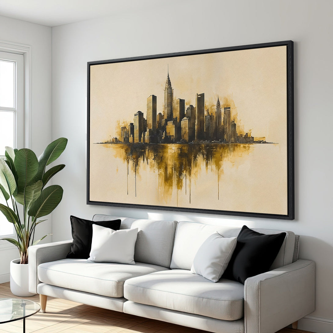 Framed Wall Art of a city skyline in a watercolor style, featuring a warm, neutral color palette. Perfect for modern home decor.