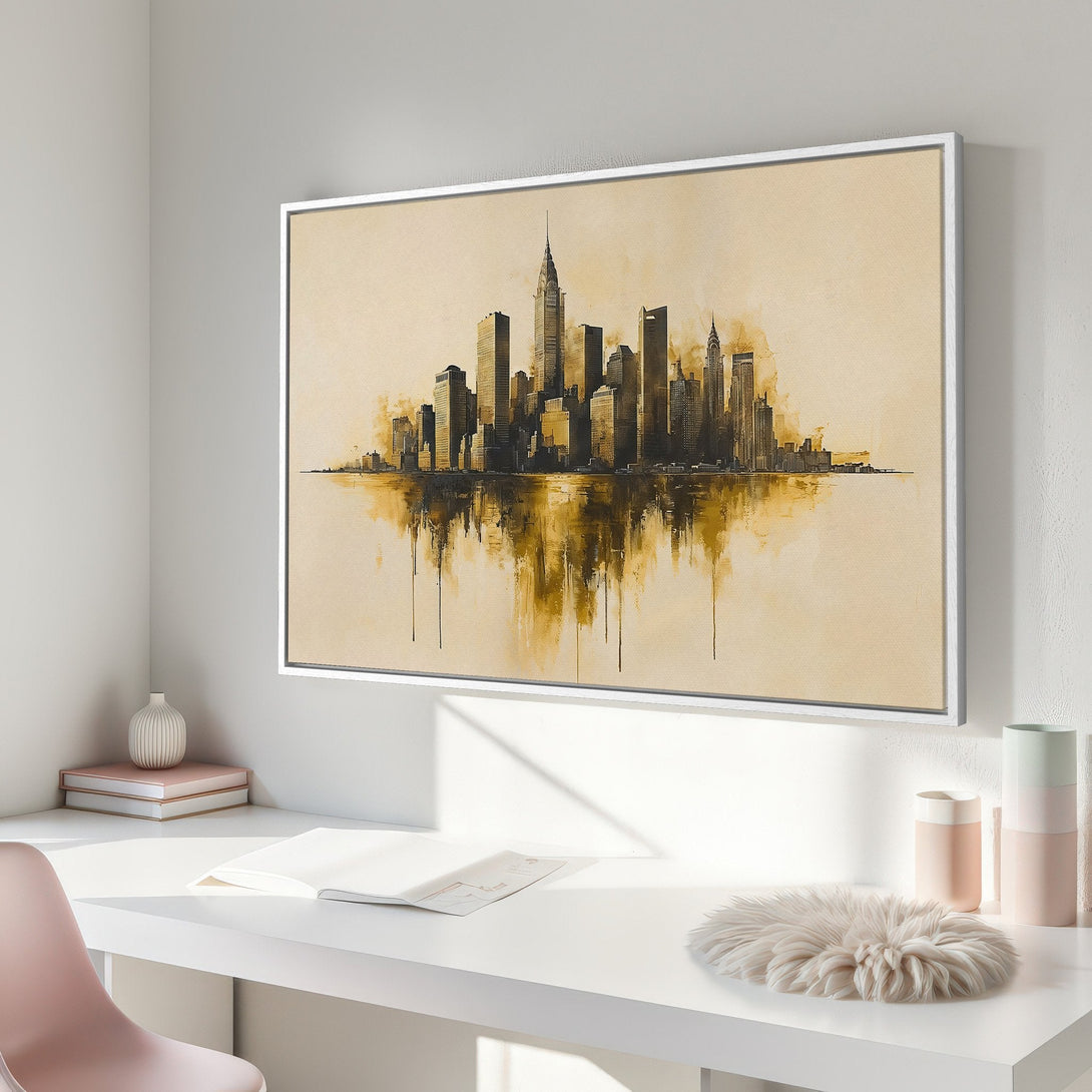 Framed Wall Art: New York City skyline canvas print in sepia tones, perfect for modern home decor. Adds a touch of elegance!