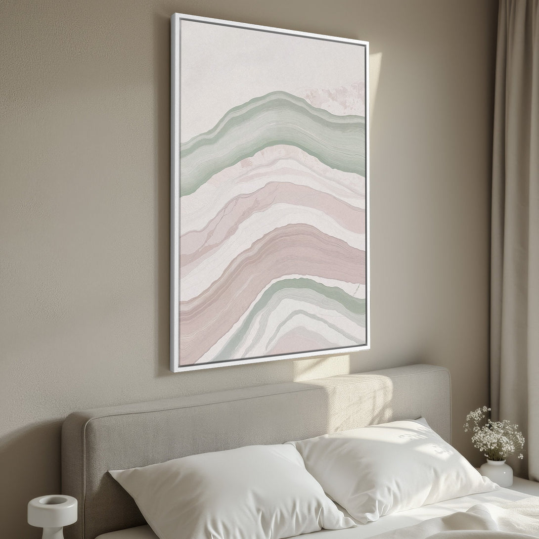 Framed Wall Art featuring an abstract landscape in soft pink and green hues, perfect for adding a touch of modern elegance to your bedroom decor.
