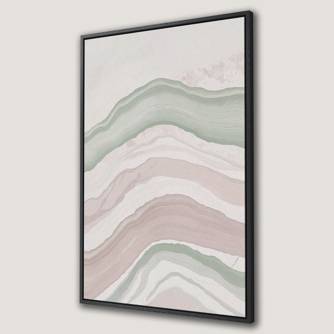 Framed Wall Art featuring an abstract landscape in muted green, pink, and neutral tones. Modern art Canvas Print perfect for any interior design.
