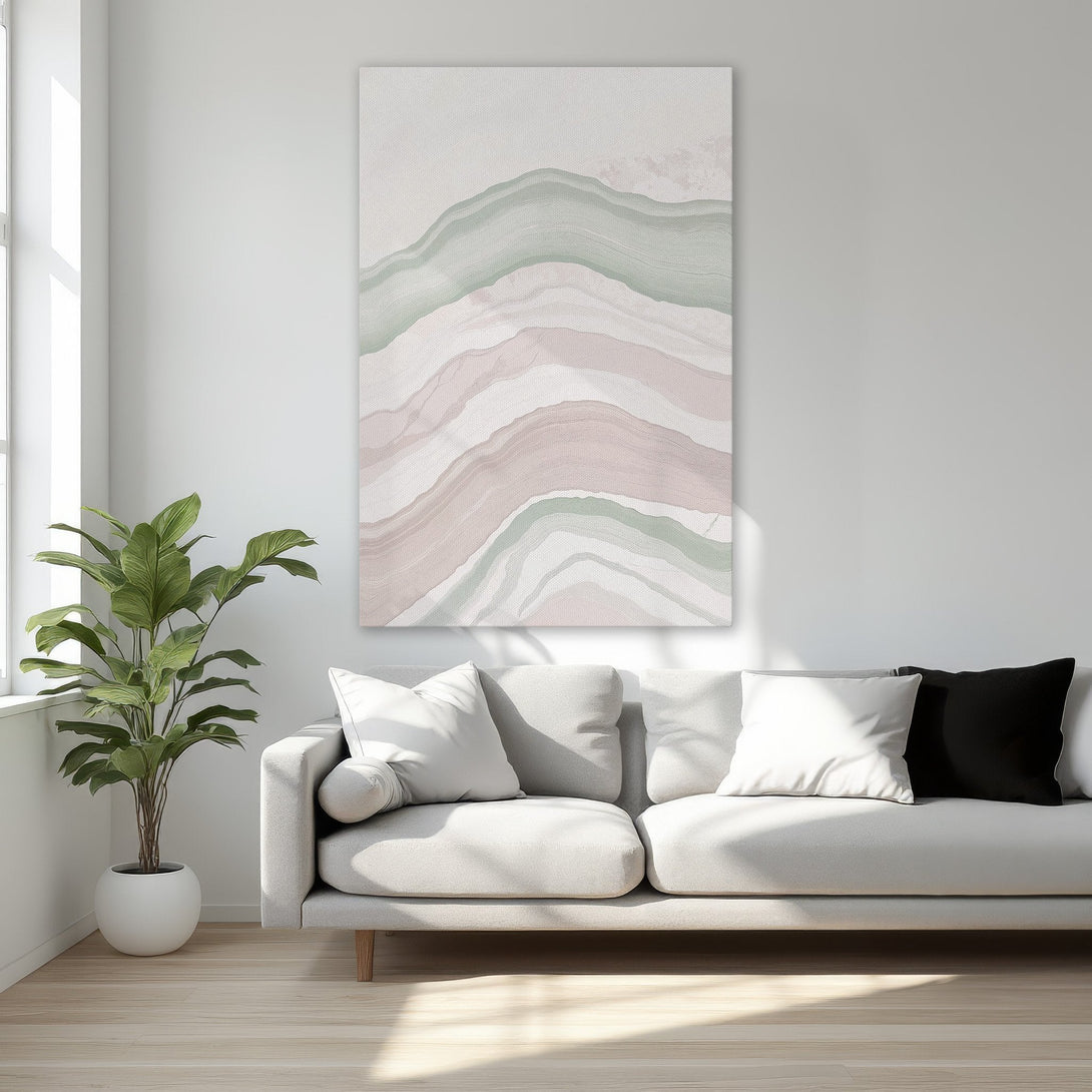 Framed Wall Art: Abstract landscape Canvas Print in soft pink, green, and neutral tones. Modern art for bedroom decor.
