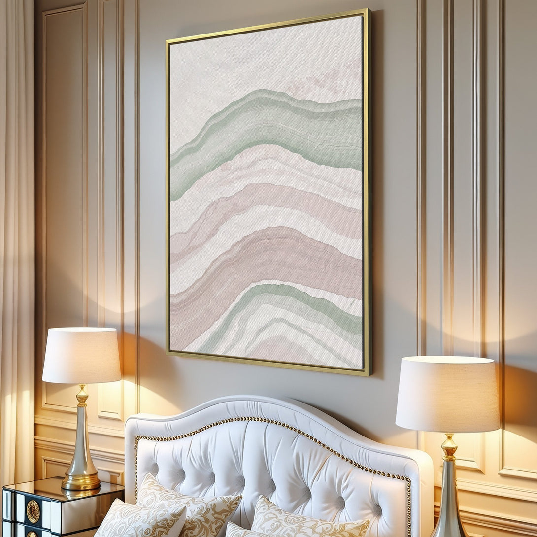 Abstract Canvas Print in a modern interior, featuring a minimalist design with soft pink and green hues. Perfect for adding a touch of elegance.