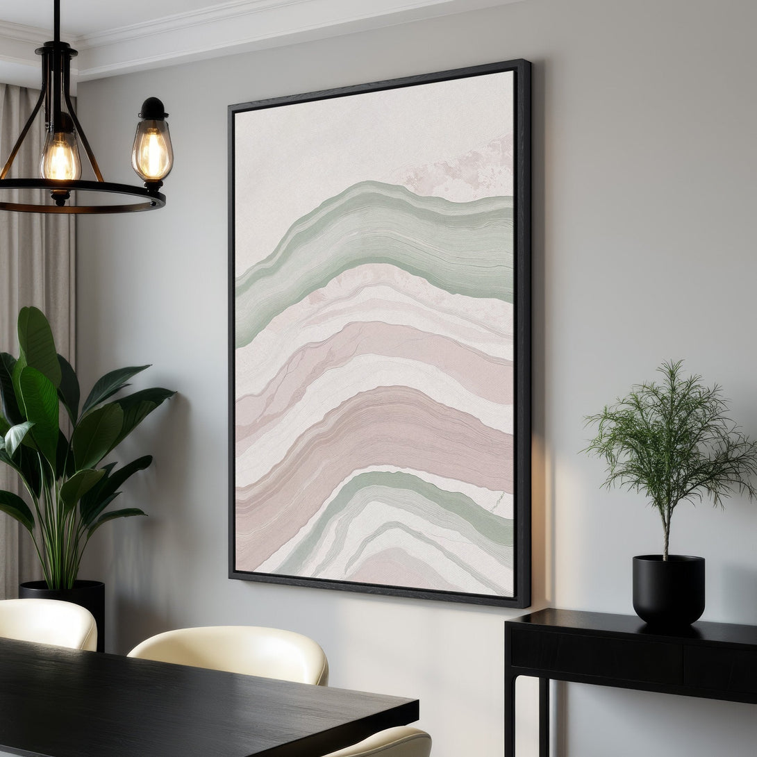 Framed Wall Art featuring an abstract landscape in muted pink and green tones. Modern art print perfect for adding a touch of elegance to any space.