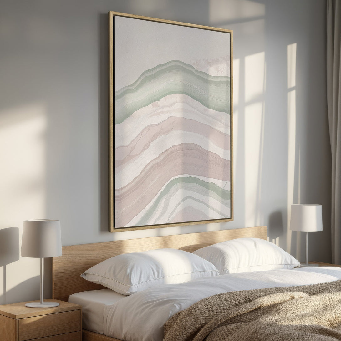 Framed Wall Art: Abstract landscape Canvas Print in soft green, pink, and neutral tones. Modern art for bedroom decor.
