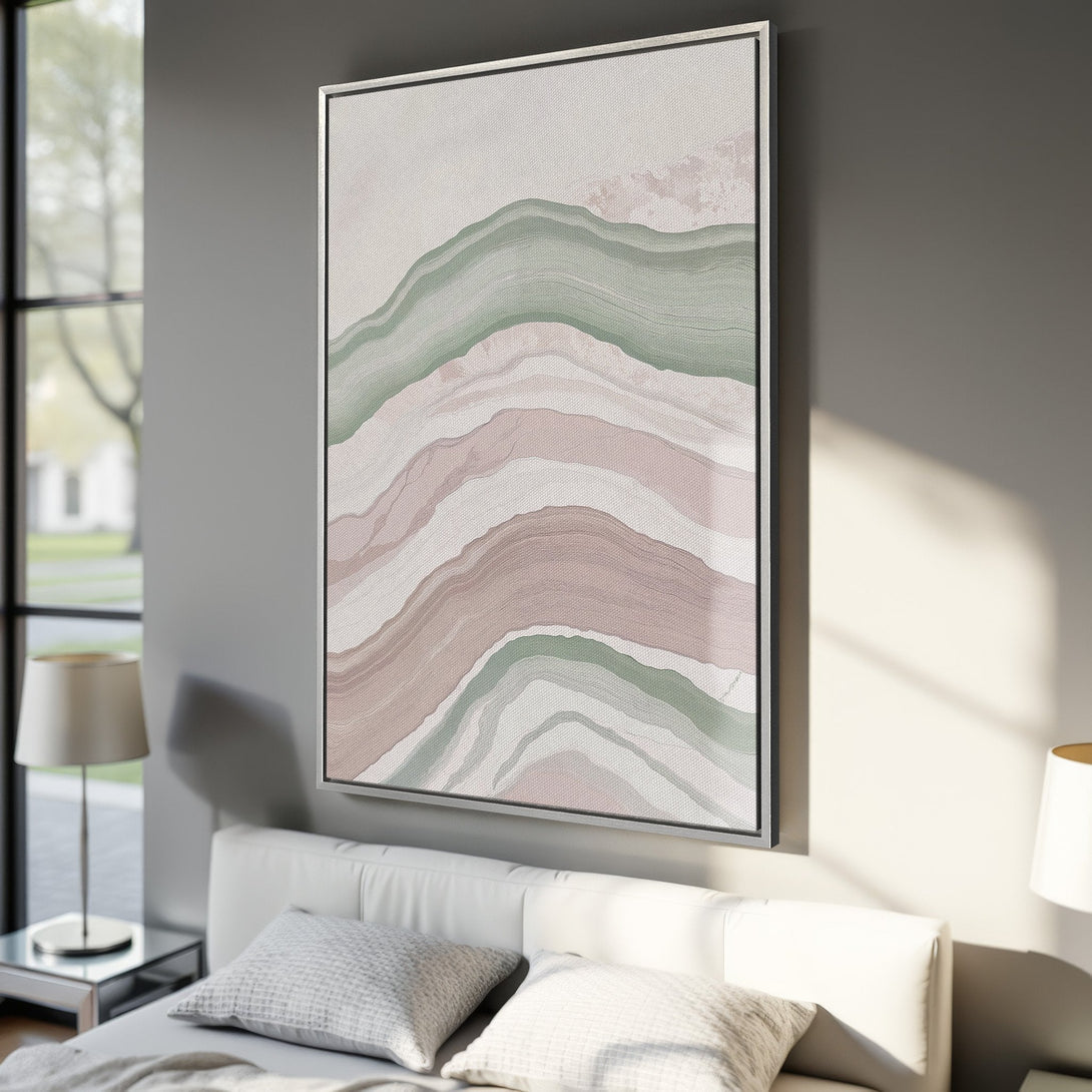 Framed Wall Art: Abstract landscape canvas print in muted green and pink tones. Modern art for bedroom decor.