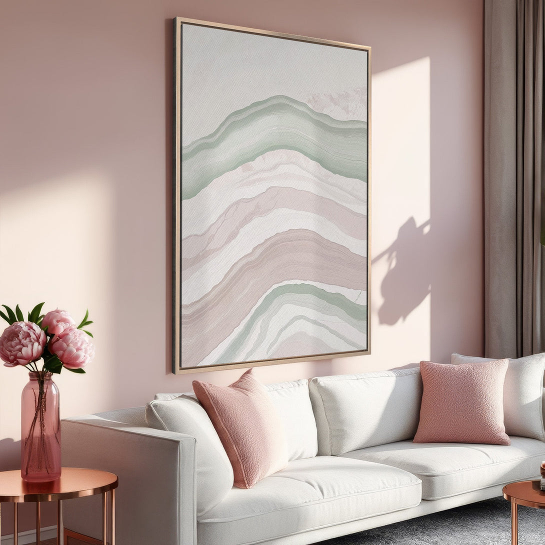 Framed Wall Art featuring an abstract landscape in soft pinks, greens, and neutrals. Modern art for a calming living room.