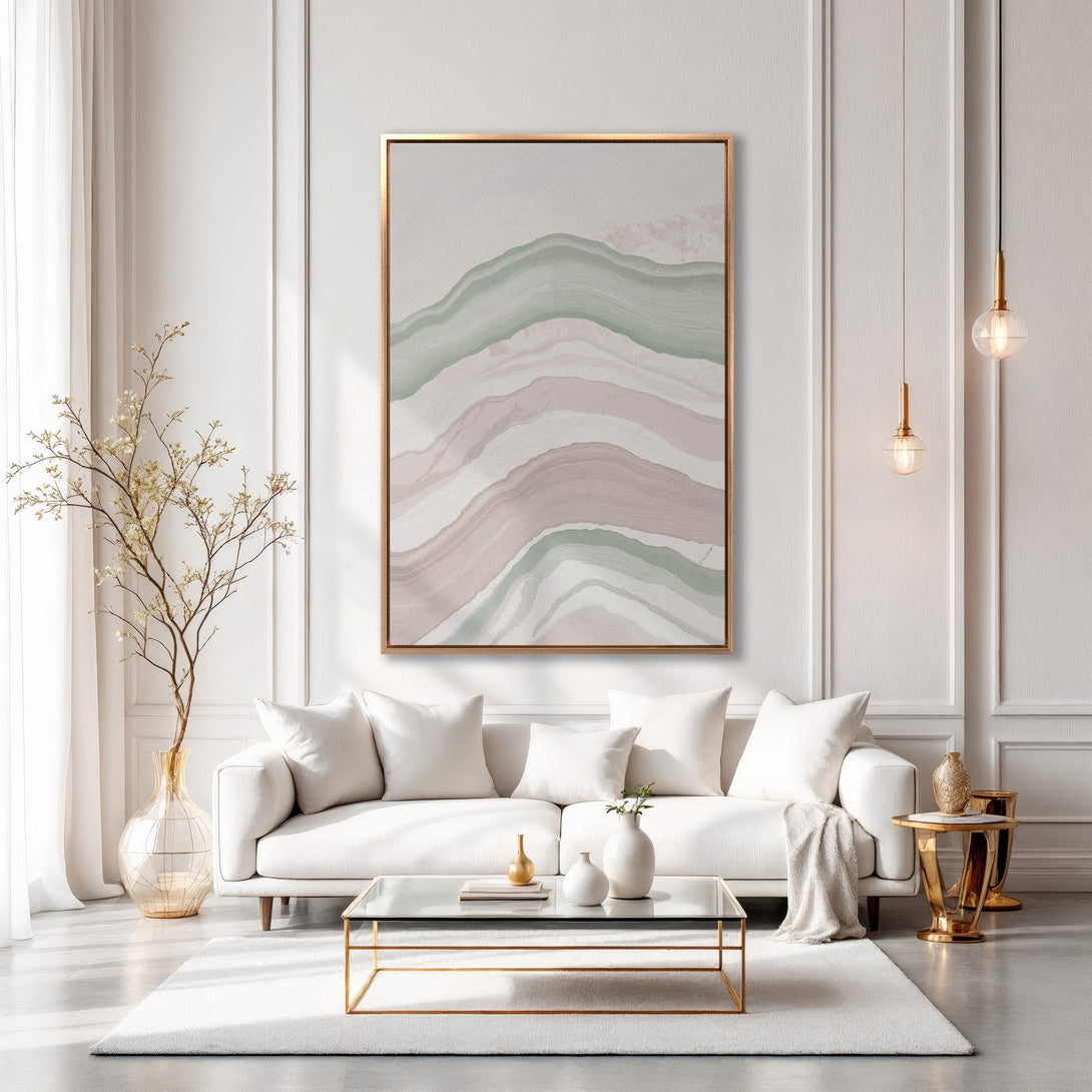 Framed Wall Art: Abstract landscape in soft green & blush tones. Modern canvas print adds elegance to a living room. Shop now for stylish home decor!