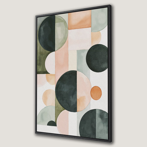 Framed Wall Art featuring an abstract geometric design with circles and squares in a modern style. Earthy color palette with greens, peach, and pink.