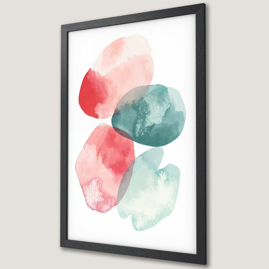 Framed Poster featuring abstract watercolor shapes in red, pink, and teal. Modern art print for stylish home decor.