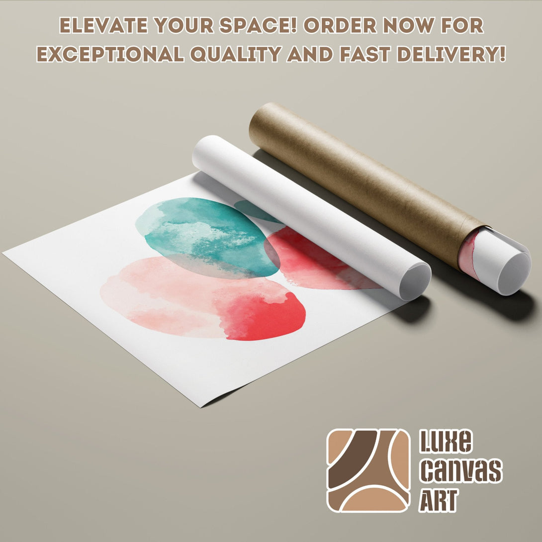 Abstract watercolor Poster Roll art in teal, pink, and red. Elevate your space with Luxe Canvas Art!