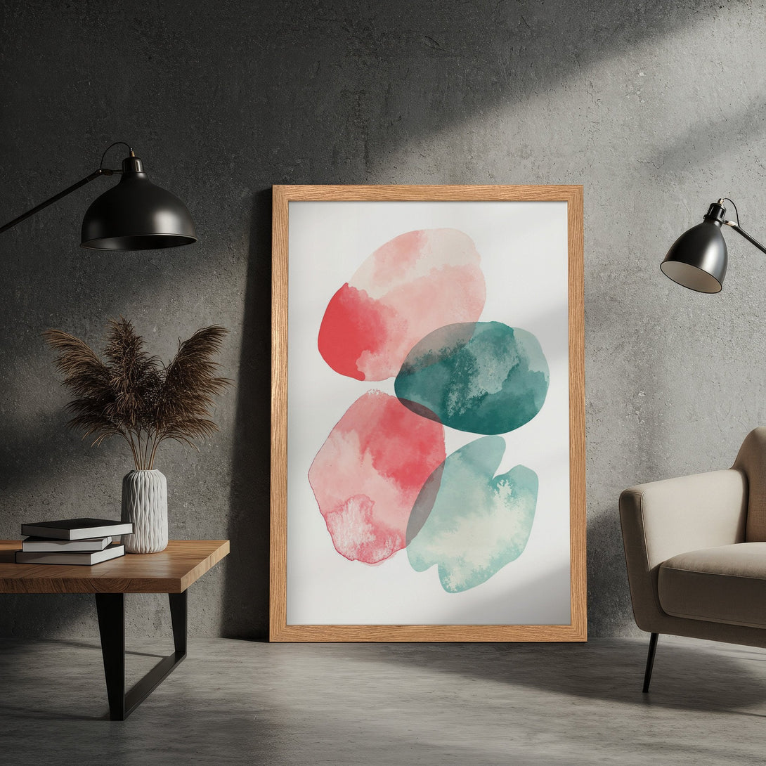 Framed Poster featuring abstract watercolor art in red, teal, and pink hues. Modern art style perfect for home decor.