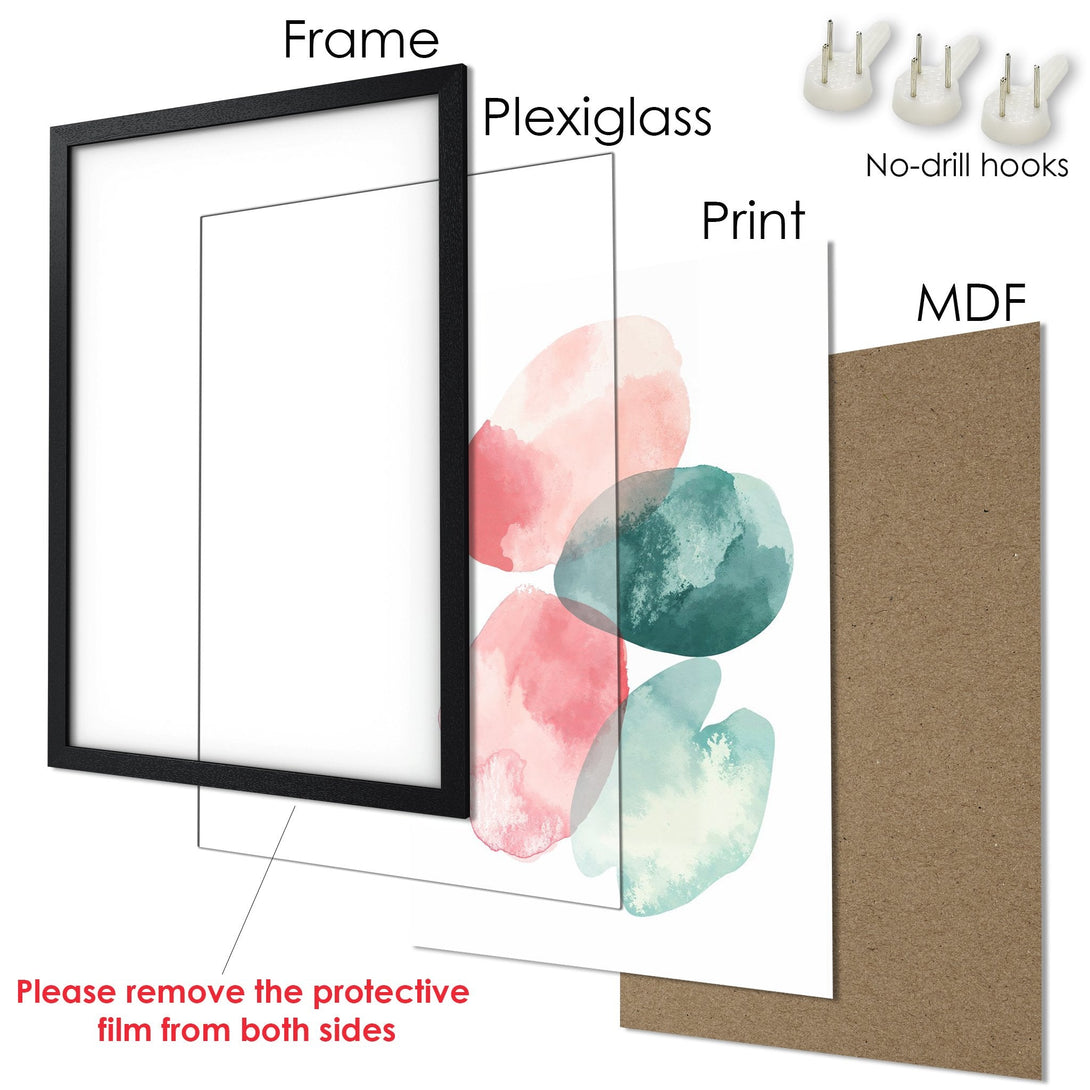 Framed Poster with abstract watercolor art in pink and teal. Modern wall decor for your home!