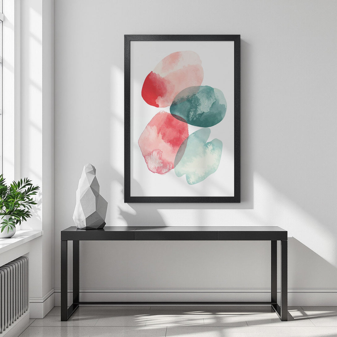 Framed Poster featuring abstract watercolor shapes in red, teal, and pink. Modern art style with a minimalist color palette. Perfect wall decor!