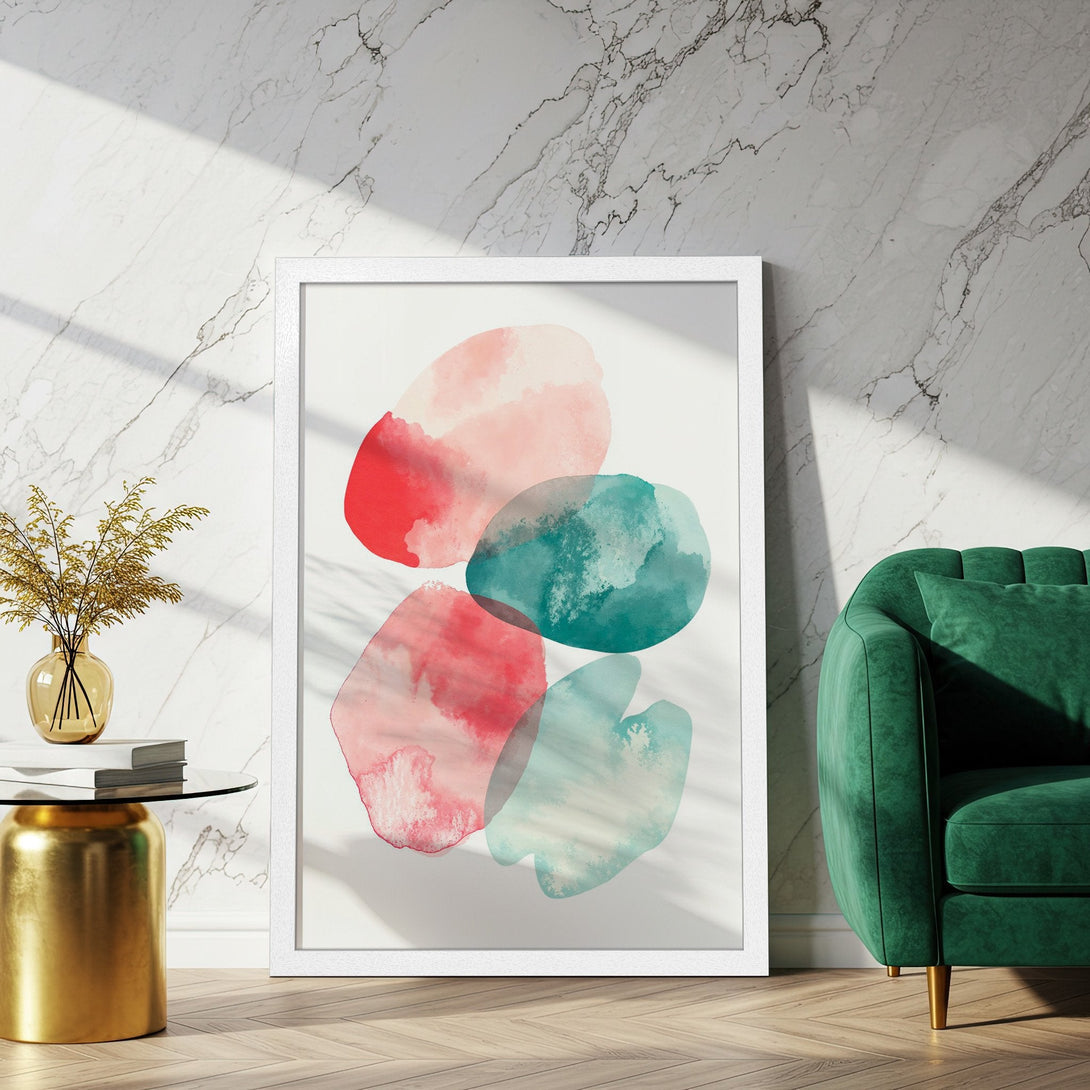 Framed Poster featuring abstract watercolor shapes in red, pink, and teal. Modern art print for home decor.