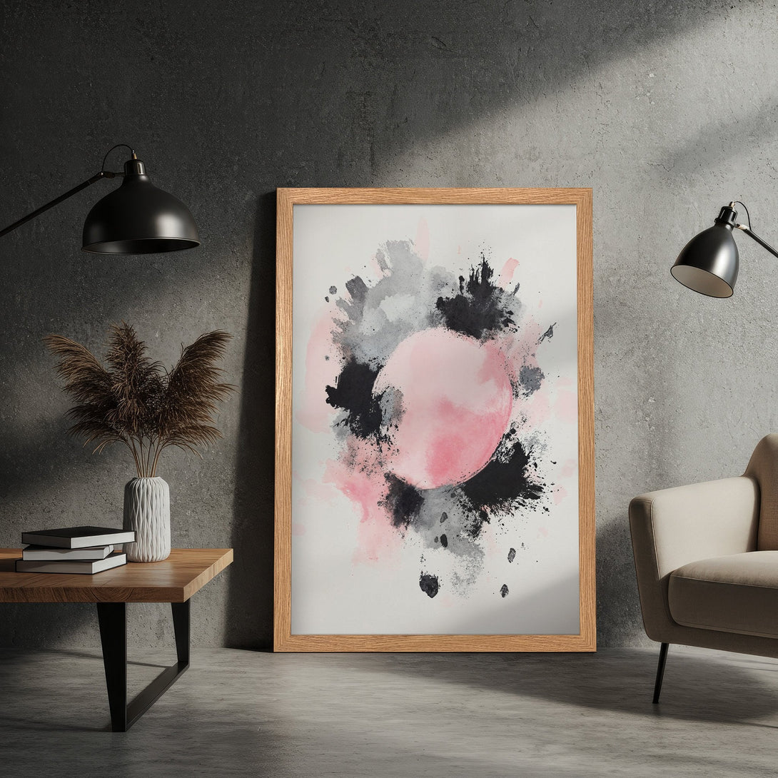 Framed Poster featuring abstract art in pink, black, and gray. Modern style, perfect for home decor. Shop now!