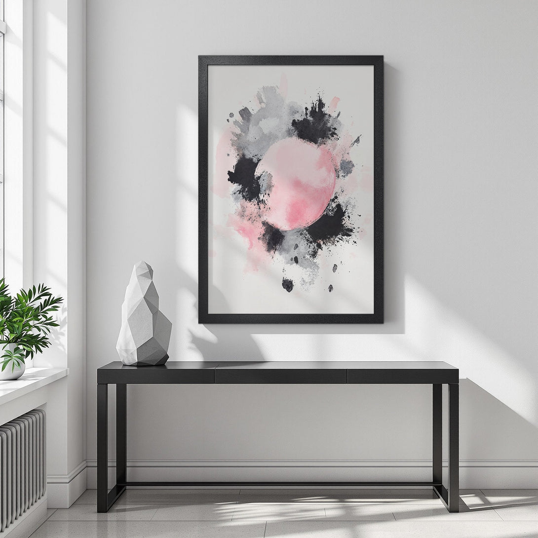 Framed Poster featuring abstract art with pink, black, and gray watercolor splashes. Modern art print for home decor.