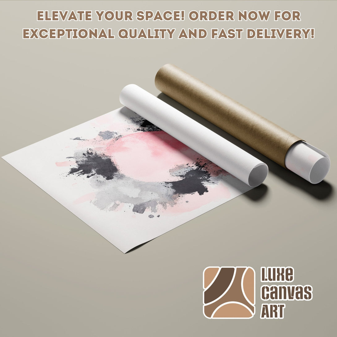 Abstract art poster roll with a pink, black, and gray color palette. Modern wall art for your space. Order your poster today!