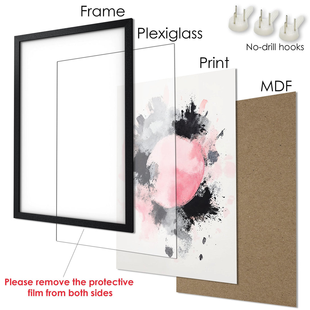 Framed Poster with abstract art in pink, black, and gray. Modern style, ready to hang.