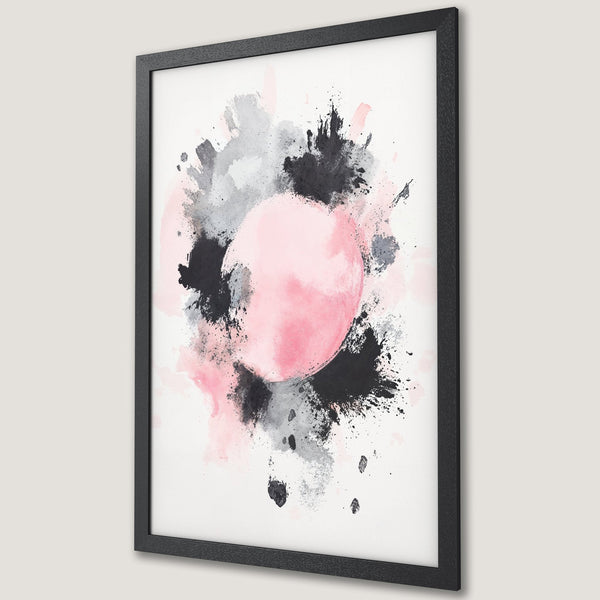 Framed Poster featuring abstract art with pink, black, and gray watercolor splashes. Modern wall art for your home decor.