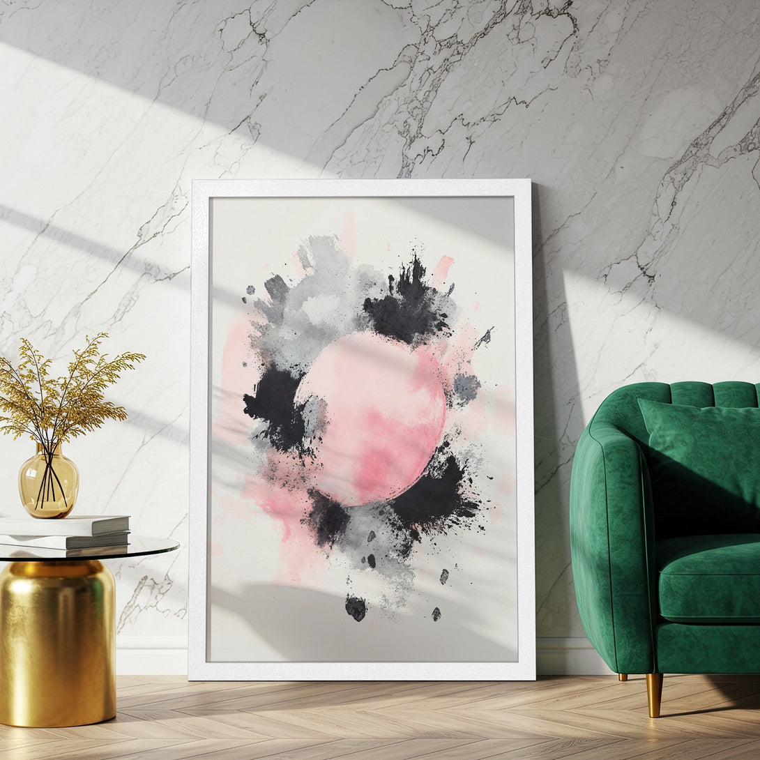 Framed Poster featuring abstract art with pink, black, and gray watercolor splashes. Modern art print perfect for home decor.