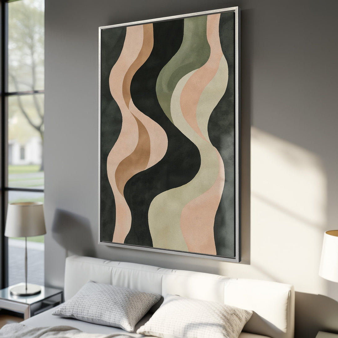 Framed Wall Art with abstract wavy design in earth tones. Modern Canvas Print with a minimalist aesthetic, perfect for any interior.