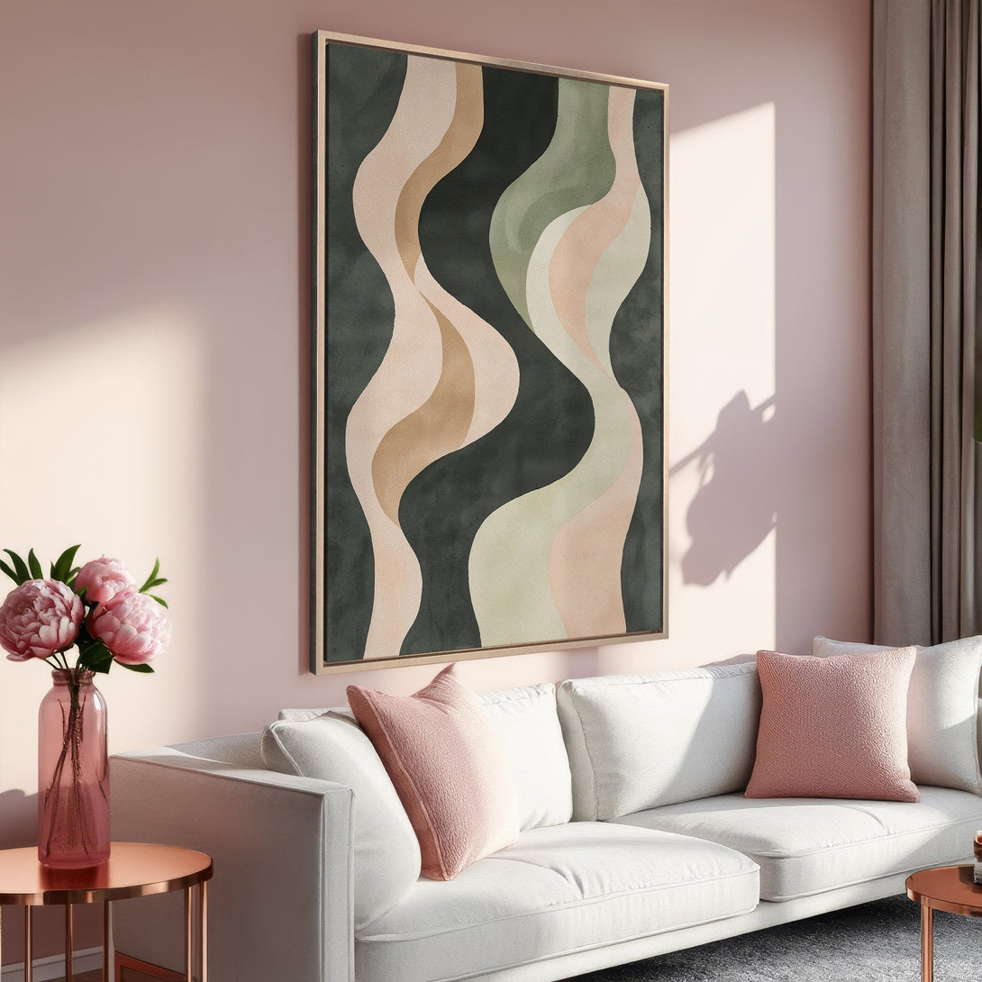 Framed Wall Art featuring abstract, wavy design in muted tones of green, pink, and beige. Modern art for your living room decor.