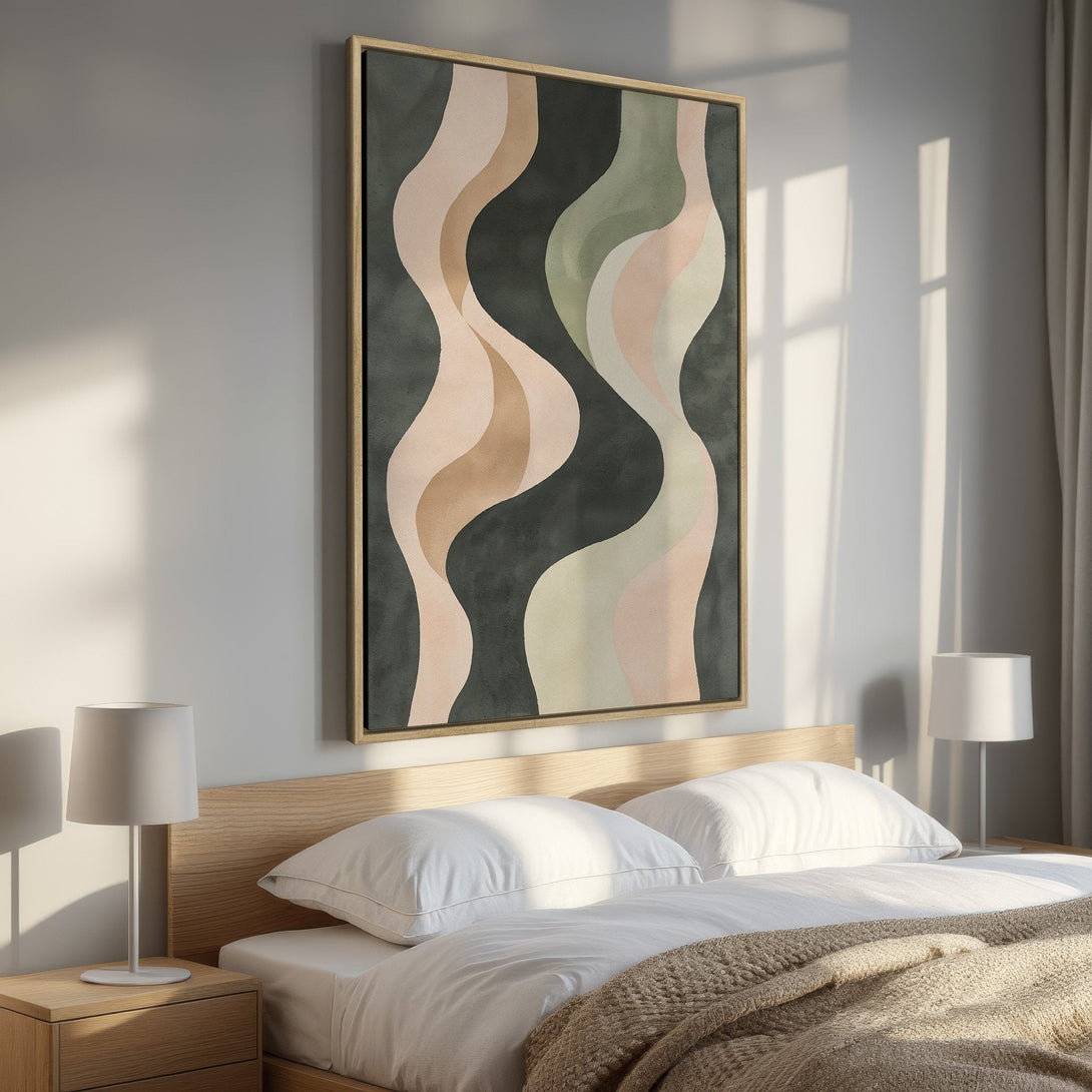 Framed Wall Art: Abstract wave design in neutral tones (pink, beige, and green) creates a calming bedroom aesthetic. Shop modern wall art today!