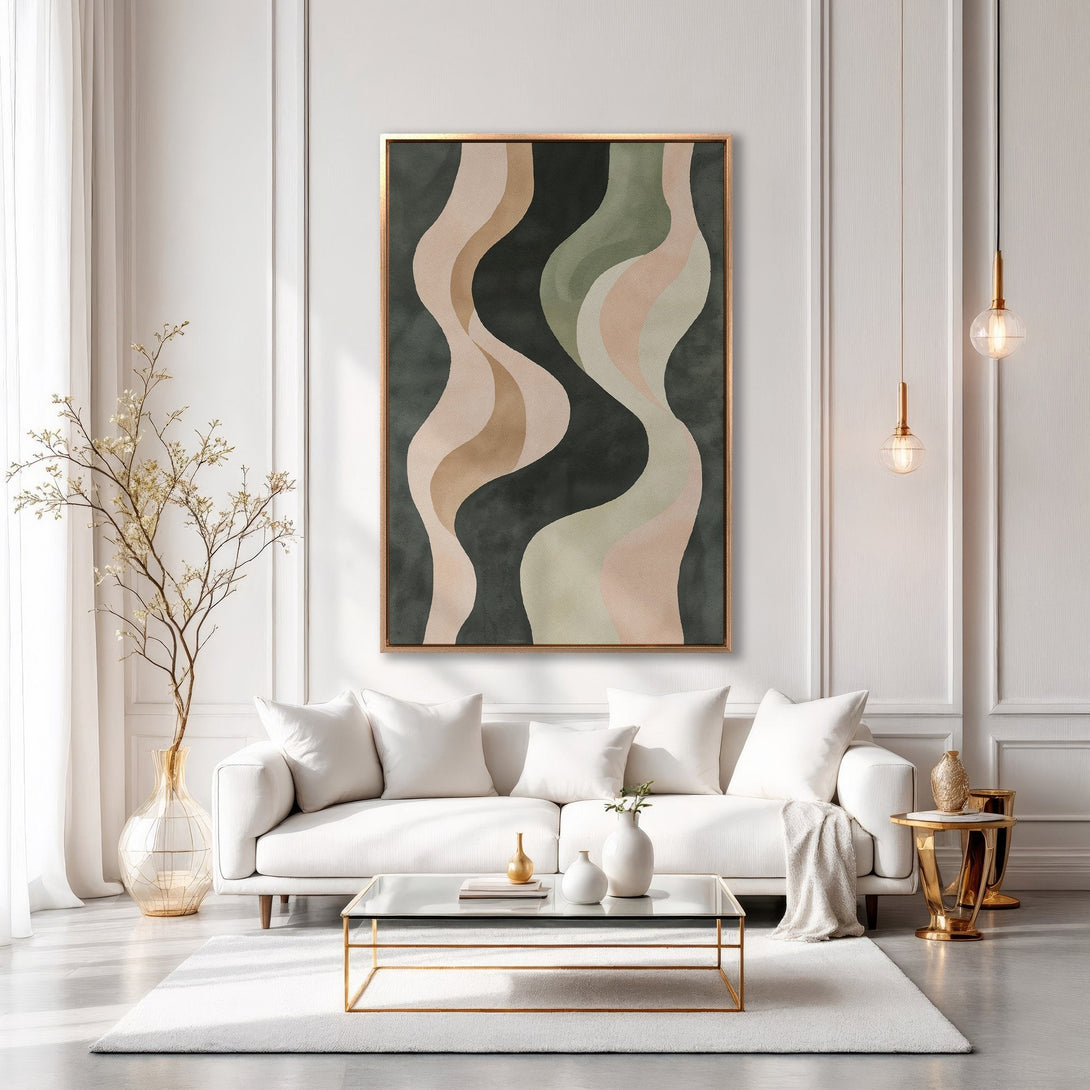 Framed Wall Art: Abstract wave art in neutral tones of beige, green, and dark gray. Modern canvas print perfect for living room decor.