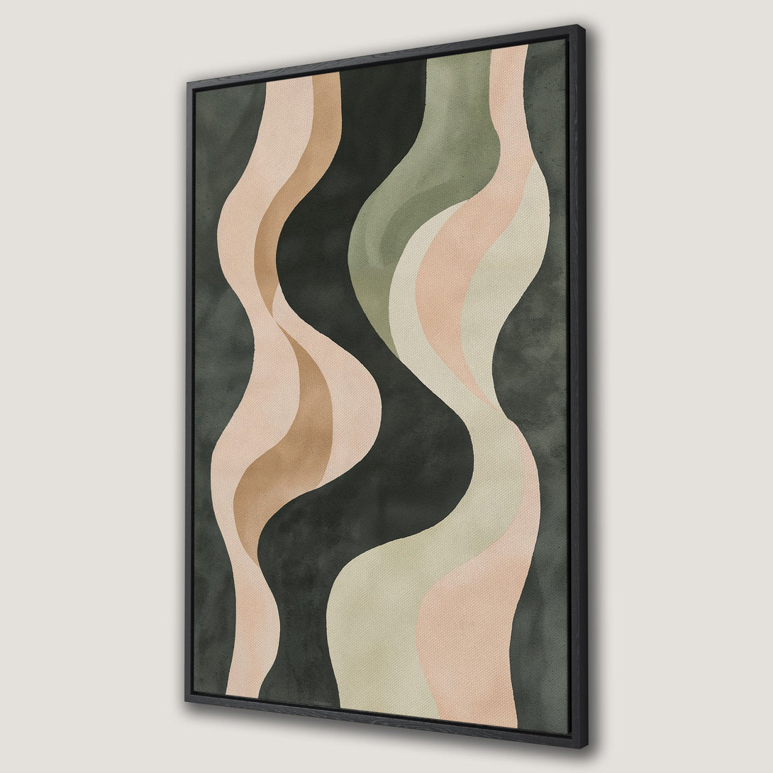 Framed Wall Art featuring an abstract design with flowing shapes in a muted color palette of greens, pinks, and browns. Modern art for your home.