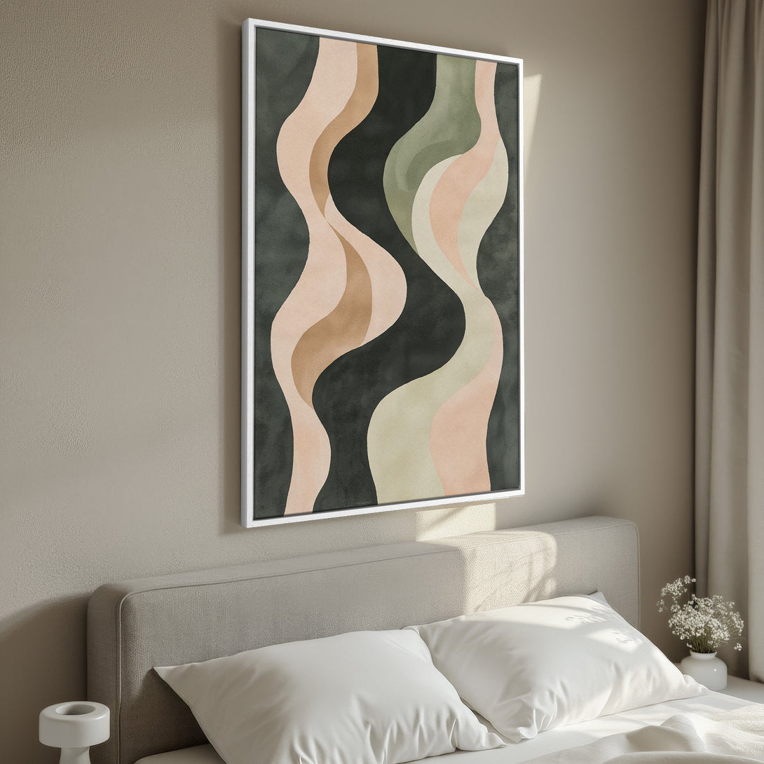 Framed Wall Art featuring an abstract design with flowing shapes in a muted, earthy color palette. Perfect for adding a touch of modern elegance to your space.