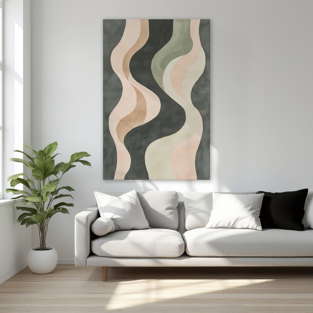 Framed Wall Art: Abstract wavy design in neutral tones. Modern canvas print adds a touch of elegance to any space. Shop now for stylish home decor!