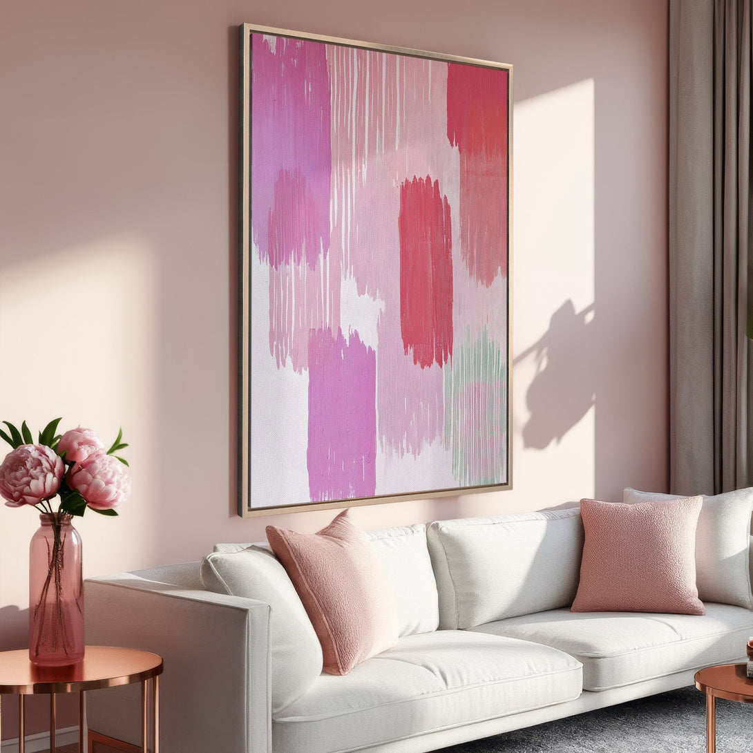 Framed Wall Art featuring abstract brushstrokes in pink and red hues. Modern art print perfect for adding a pop of color to your home decor.