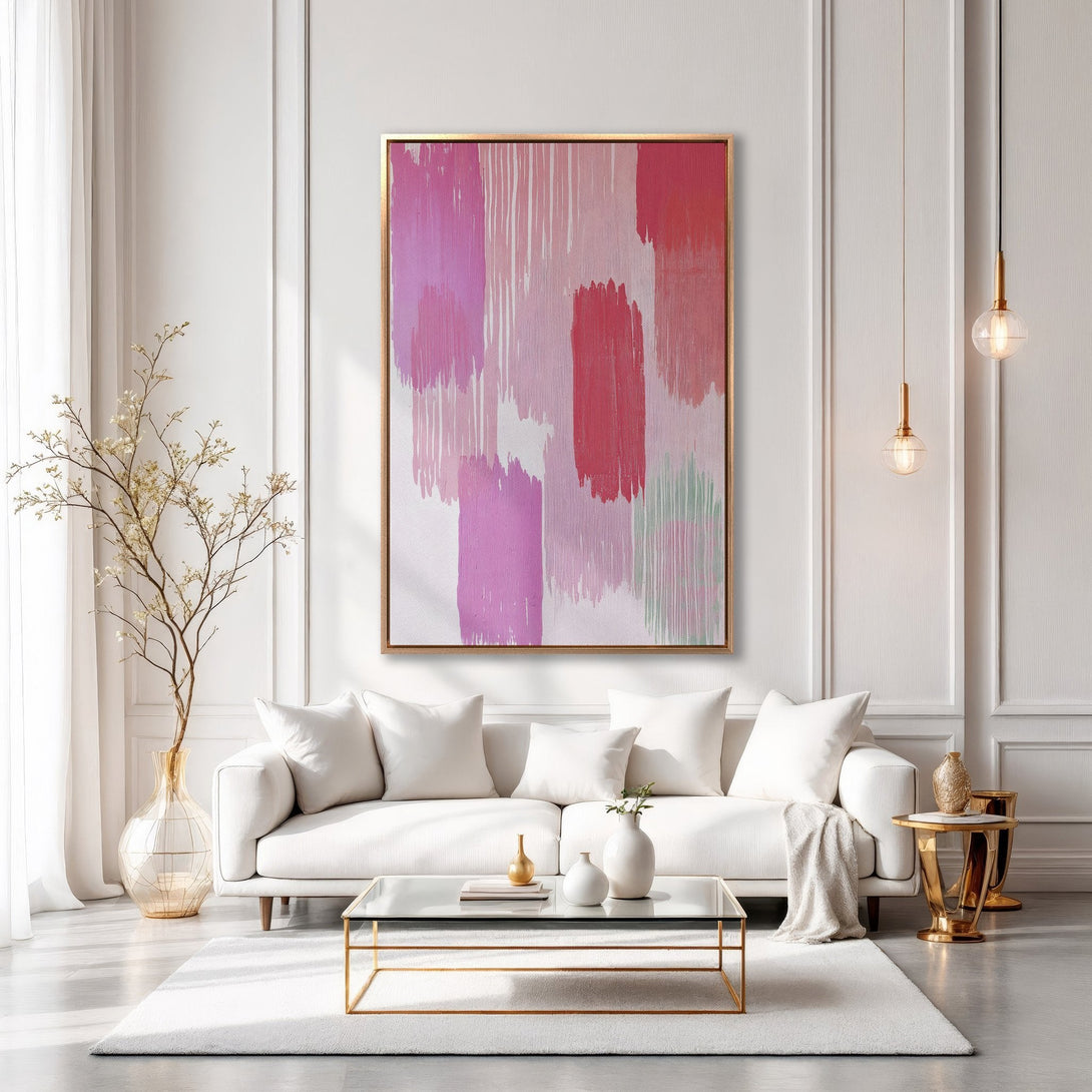 Framed Wall Art: Abstract pink brushstroke design canvas print. Modern art for living room decor. Pink, white, and gold color palette. Shop now!