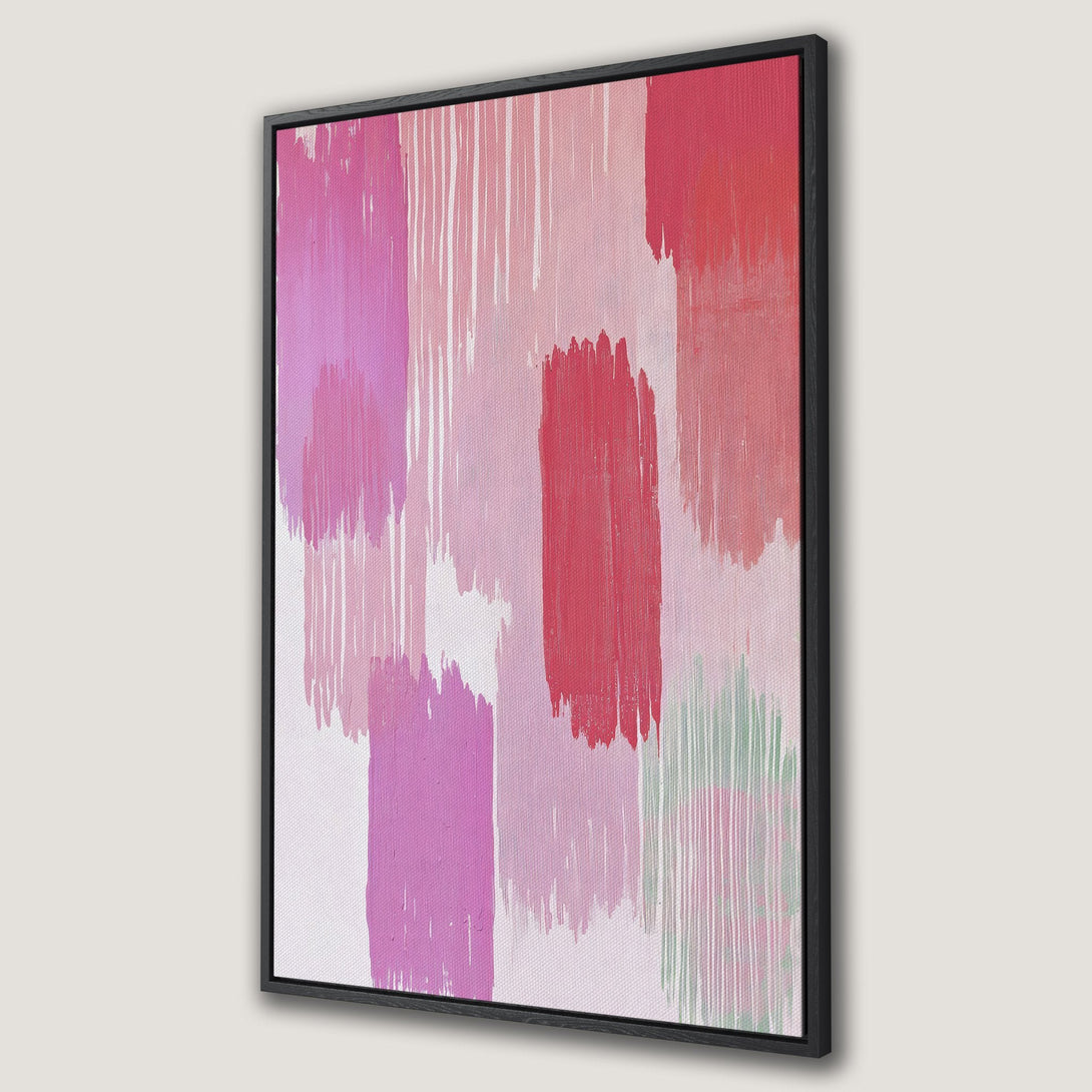 Framed Wall Art featuring abstract brushstrokes in a vibrant pink and red color palette. Modern art canvas print for a stylish home decor upgrade.