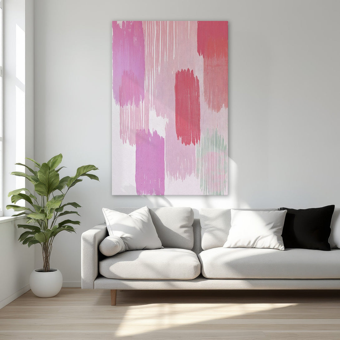 Framed Wall Art: Abstract pink brushstrokes Canvas Print. Modern art with a blush and coral color palette, perfect for bedroom decor.
